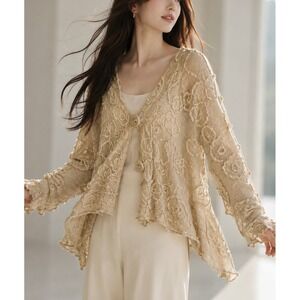 Jaskar Cardigan Women Large Beige Good Cotton Floral Lagenlook Open Knit Boho